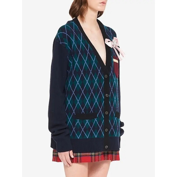 Miu Miu Preppy Argyle Ivy League Virgin Wool Pearl Bow Cardigan - Picture 9 of 13